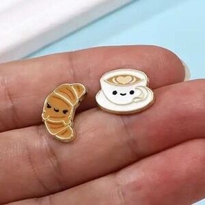Kawaii Enamel‎ Earrings Coffee Croissant Cute Lapel earrings Jewelry